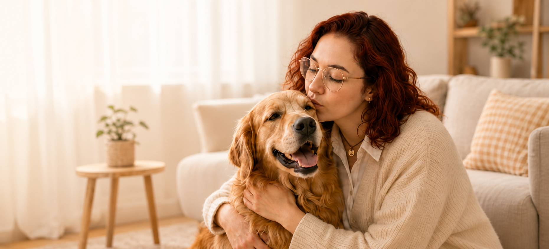 Pet sitter câlinant un golden retriever dans un salon chaleureux