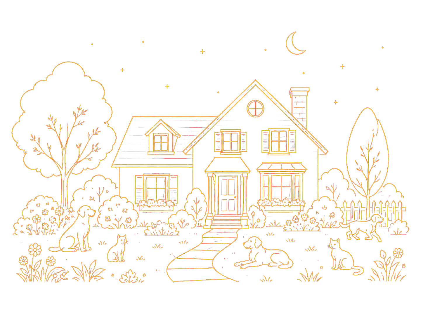 Maison entourée d’animaux dans un jardin